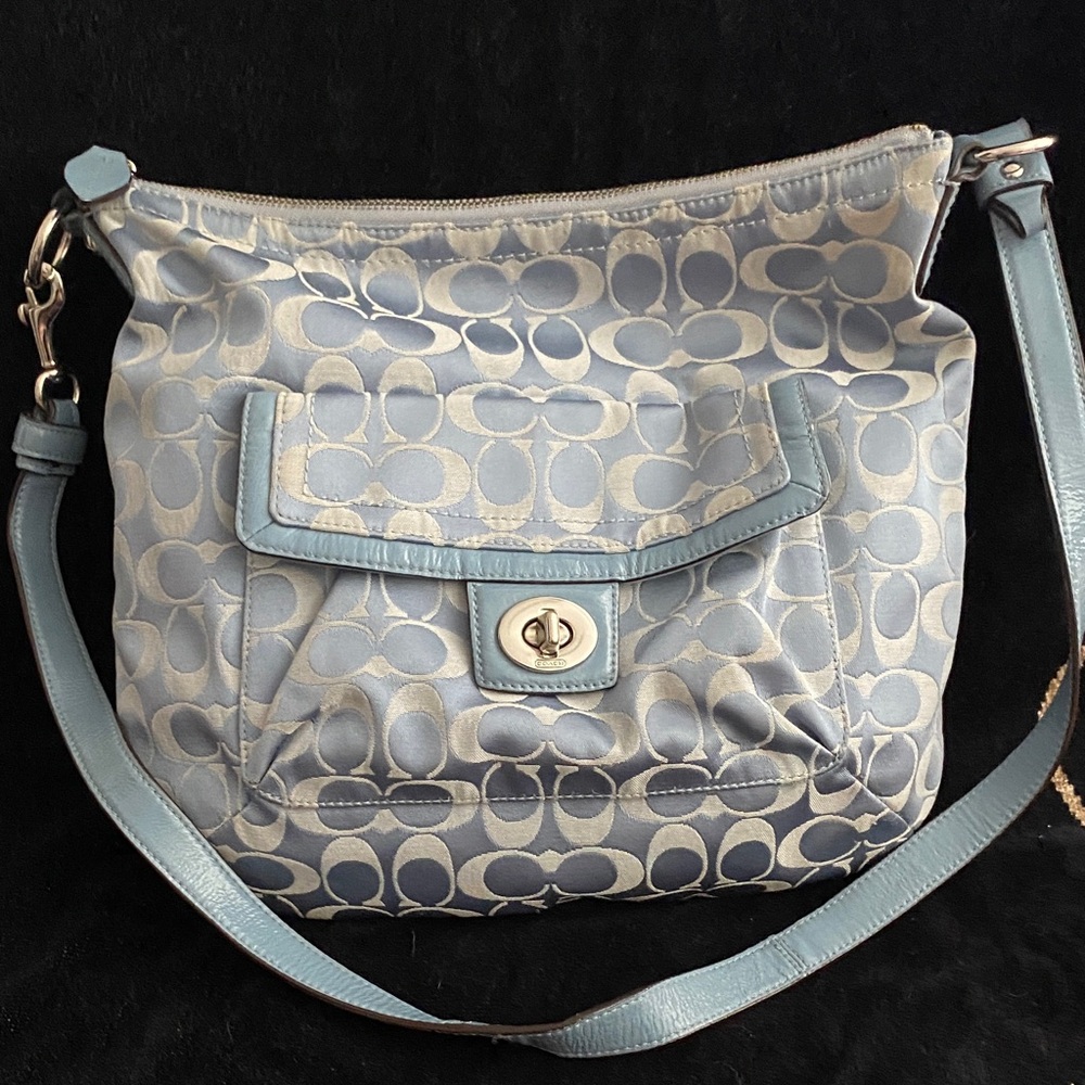 Coach Light Blue Signature Jacquard Shoulder Hobo